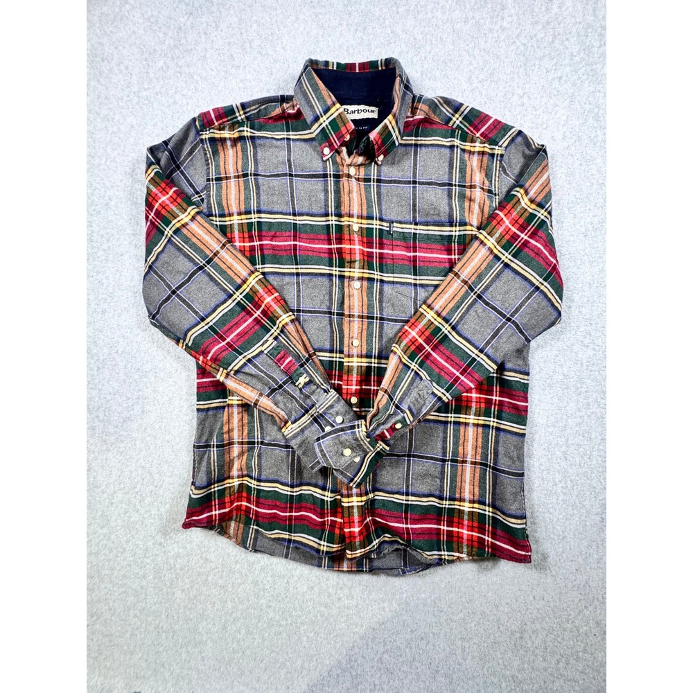 Barbour Mens Plaid Flannel Button Down Shirt Regular Fit Grey Red Green Size M